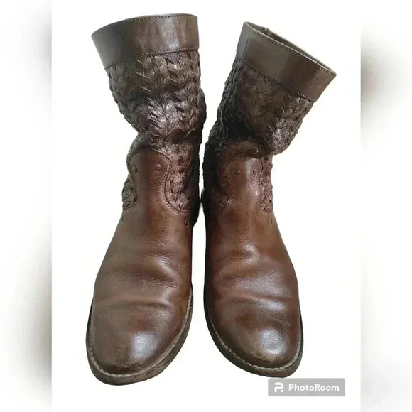 Frye Shirley Woven Huarache Mid Brown Leather Mid Cowboy Boots Womens 7.5 - Picture 2 of 5